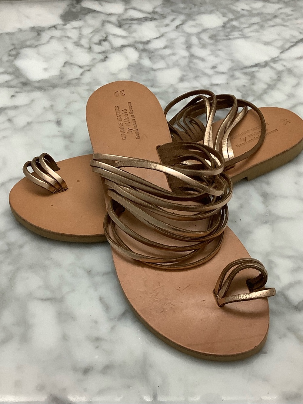 Metallic Bronze Multi‑Strap Flat Sandals sz 39  ade in Greece
